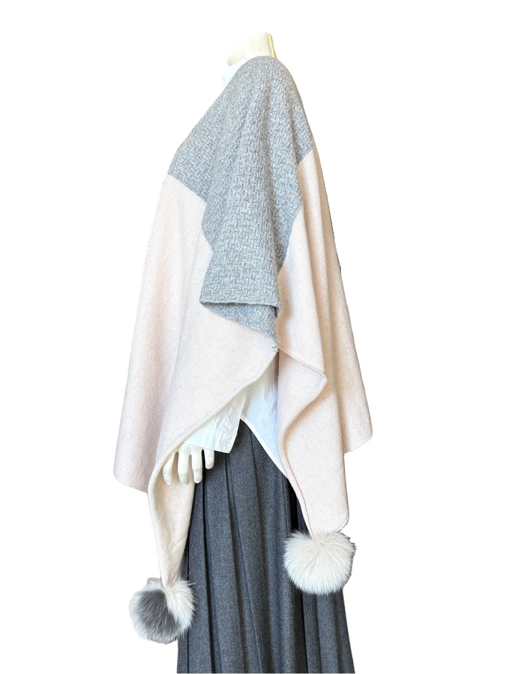 Mitchie's 100% Wool Colour Block Poncho with Real Fox Fur Pom Poms OS Cream Gray - Picture 2 of 6